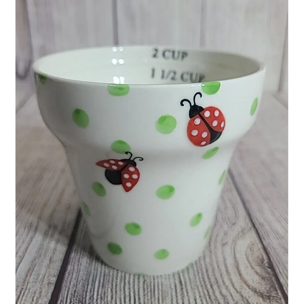 Pier 1 Imports Polka Dot Flowerpot 2 Cup Measuring Cup White Green Stoneware